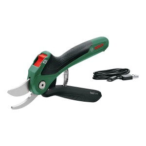 Bosch EasyPrune Akku-Gartenschere mit USB-Ladekabel, Grasschere und Strauchschere.