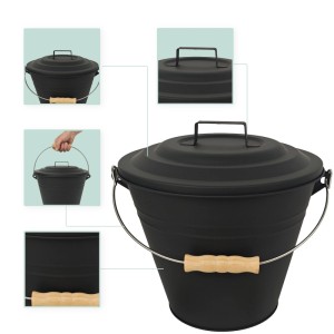 Relaxdays Ascheeimer Eisen Schwarz mit Feger und Schaufel 15 l