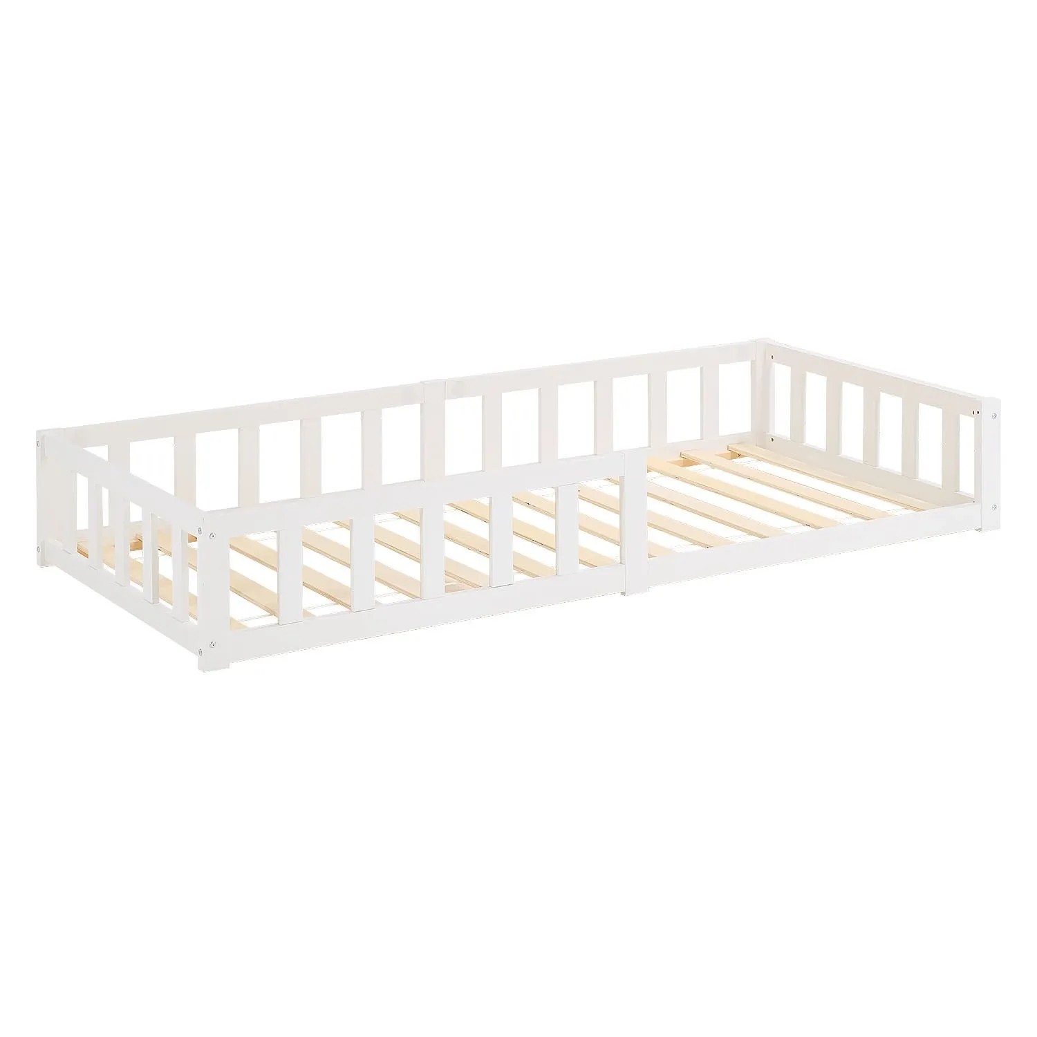 Homestyle4u Kinderbett Weiß mit Rausfallschutz 90x200 cm Bodenbett Lattenrost Matratze 3024