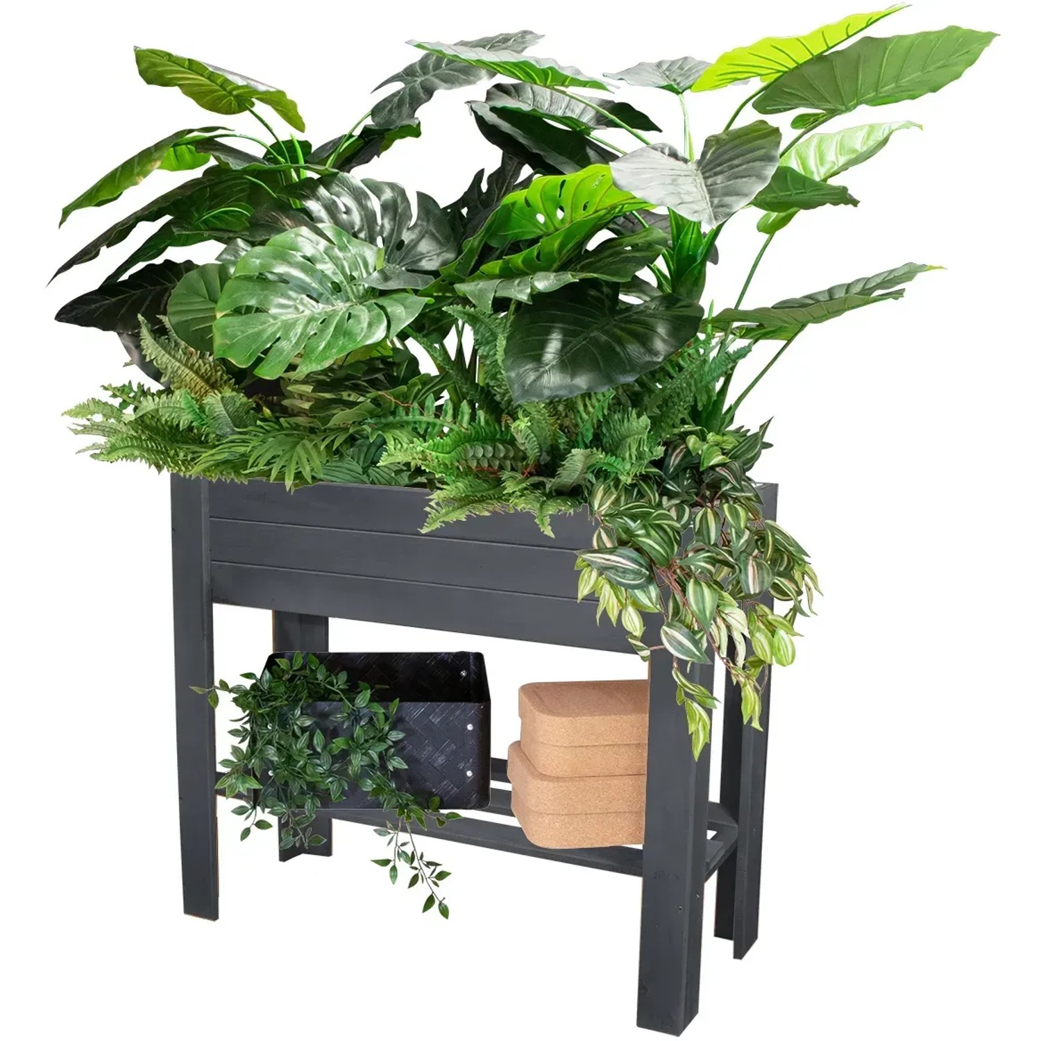 Anthrazitfarbenes Wagner Holz-Hochbeet Green Box Light aus Pappelholz mit Bepflanzung und Ablage.