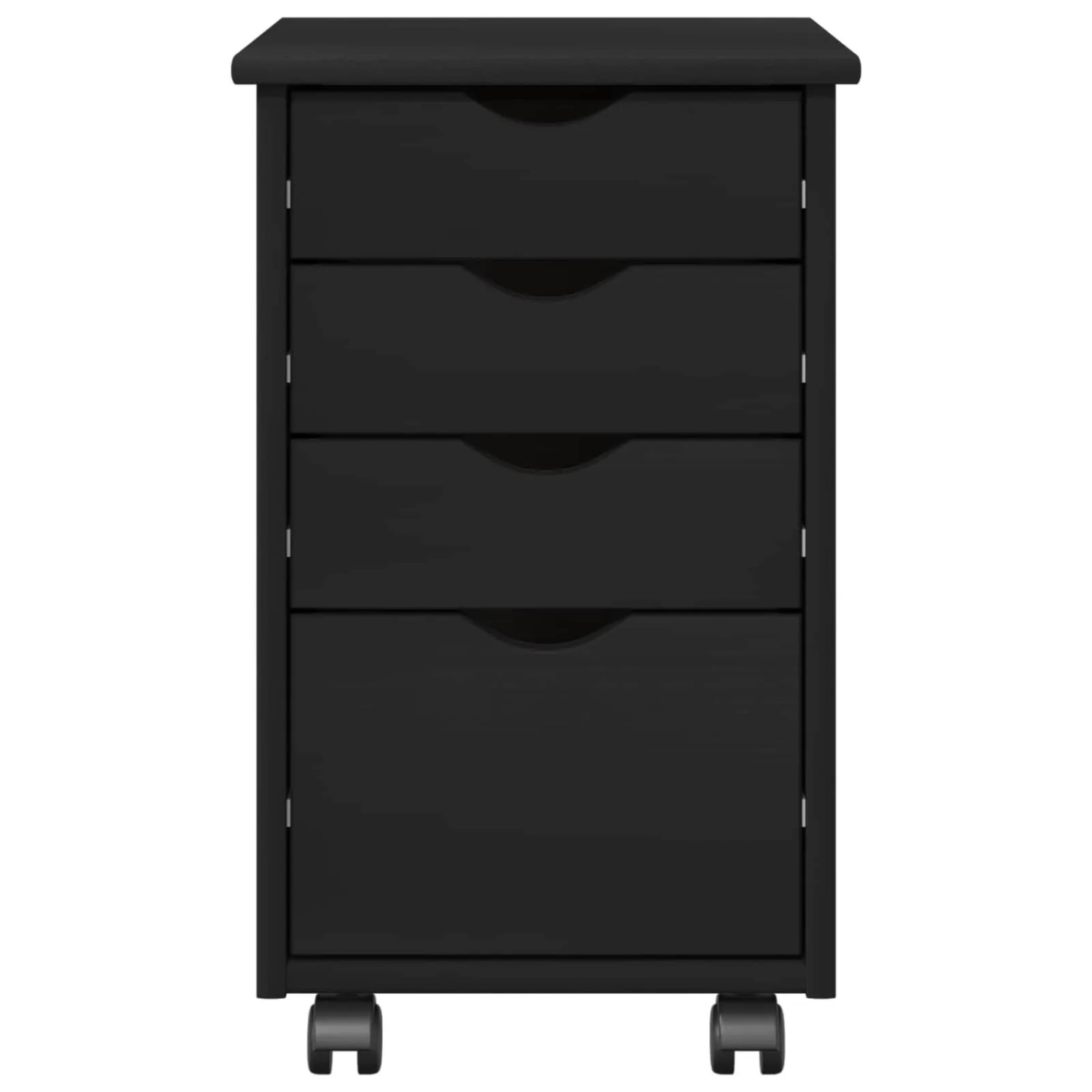 Schwarzer vidaXL Rollschrank aus Kiefernholz mit 4 Schubladen für Wohnzimmer oder Büro.