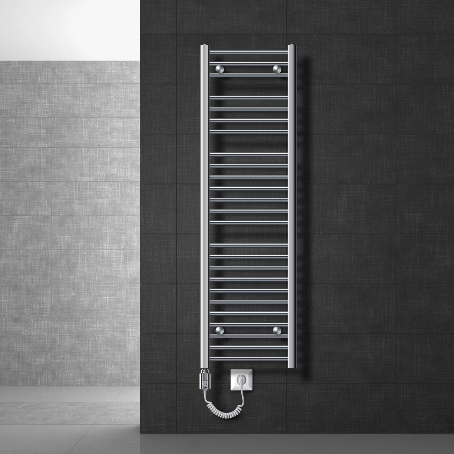 Elektrischer LuxeBath Badheizkörper, 400x1500 mm, Chrom, mit Heizstab.
