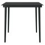 Schwarze 3-tlg. Garten-Essgruppe: Tisch mit Glasplatte und Rattan-Stühle mit Auflagen.