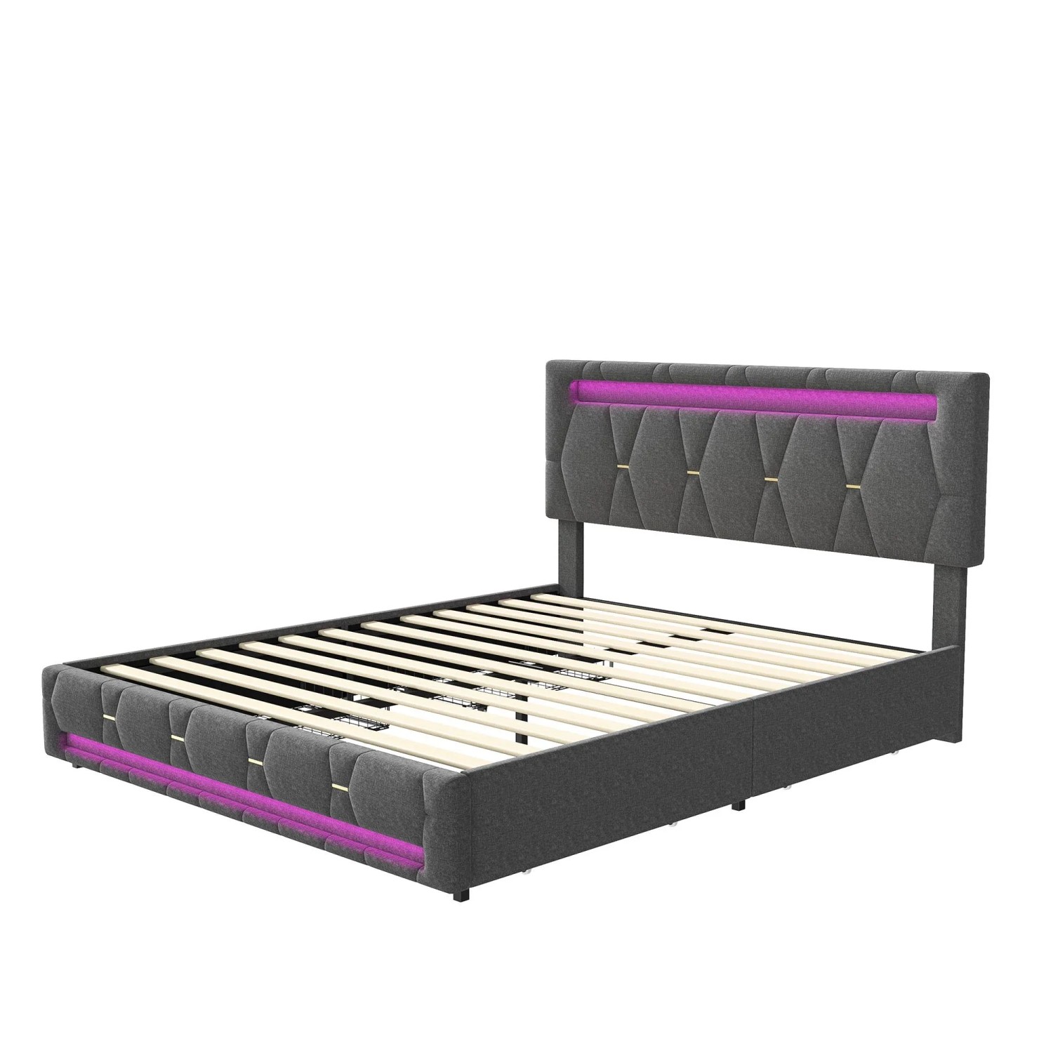 PXloue Bett 160x200cm Doppelbett mit 4 Schubladen Verstellbares Kopfteil Grau