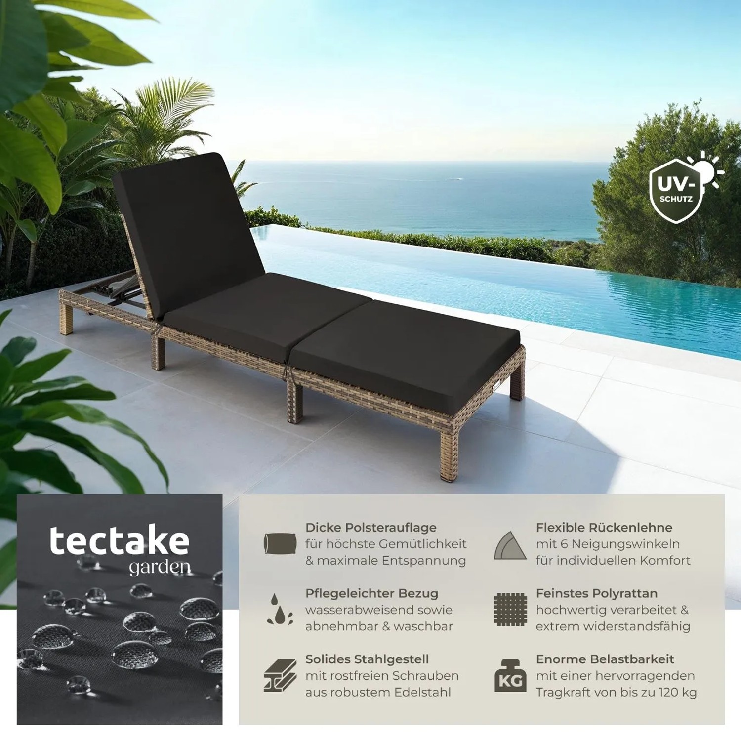Tectake Rattan Sonnenliege Sofia Widerstandsfähig Uv Beständig 196 x 66 x 27 cm Natur_2