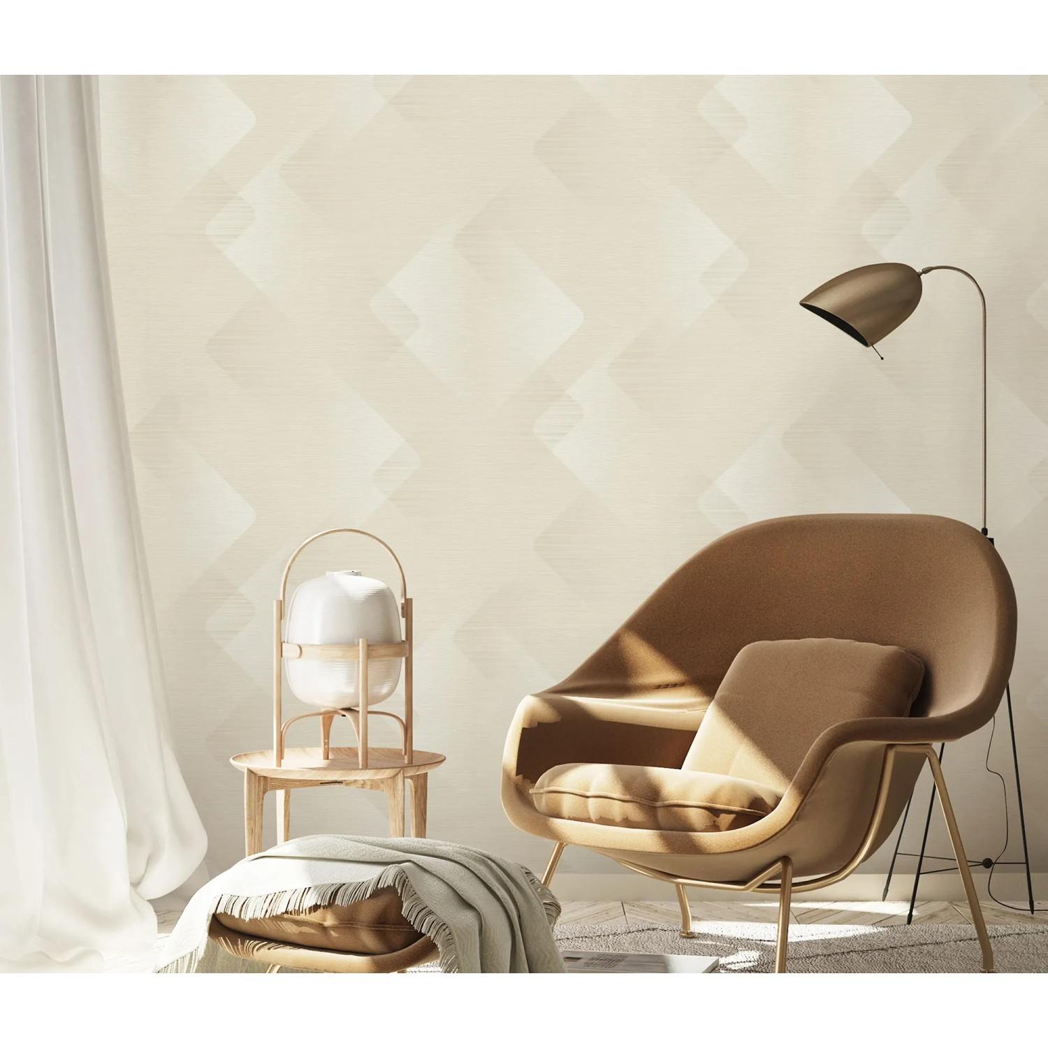 Beige Vliestapete Erismann Elysium Vertex mit geometrischem Muster im Wohnraum.
