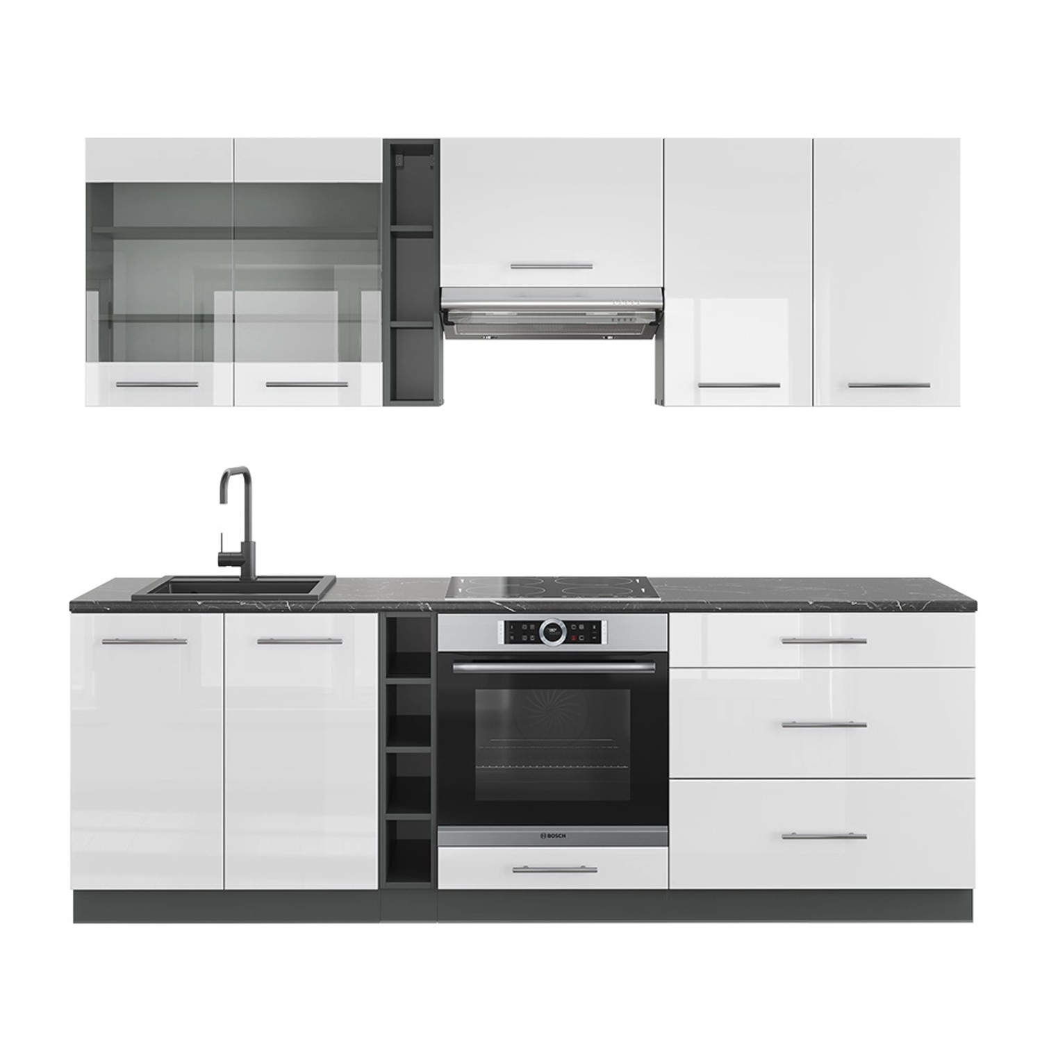 Vicco Fame-Line Küchenzeile Weiß Hochglanz/Anthrazit 235 cm AP Anthrazit günstig online kaufen