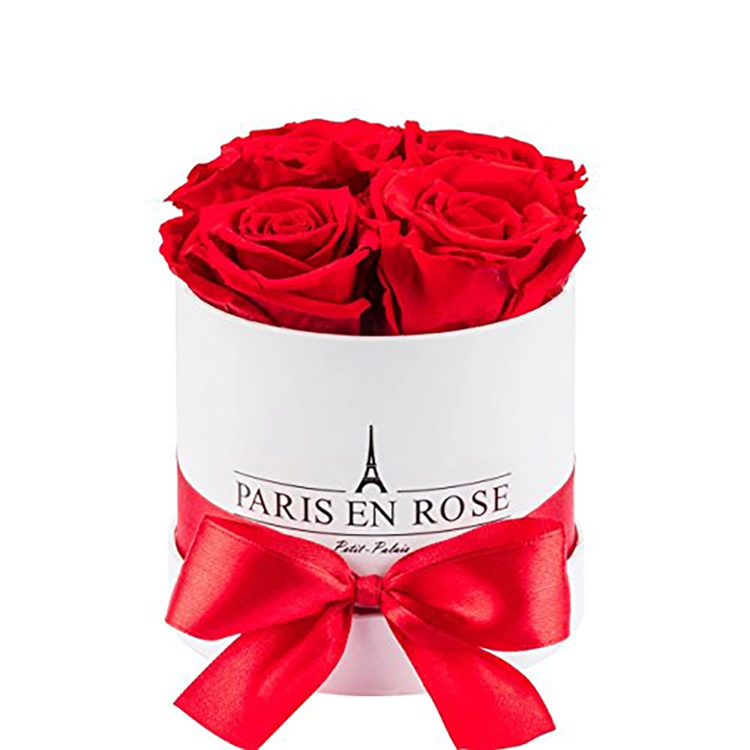 Rosenbox Ø 10 cm Weiß mit Schleife und 4 Roten Rosen