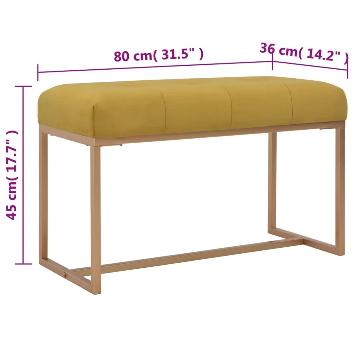 Senfgelbe Samtbank (80 cm) mit goldenem Metallgestell für Wohnzimmer und Flur.