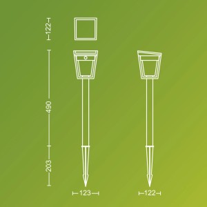 Skizze der Philips Nissa Solar Sockelleuchte, Maße und Details der Solar-Wegeleuchte.