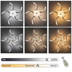 Weiße NETTLIFE LED Deckenleuchte aus Metall mit 5 gewellten Armen, zeigt dimmbares Licht in Warm-, Neutral- & Kaltweiß.