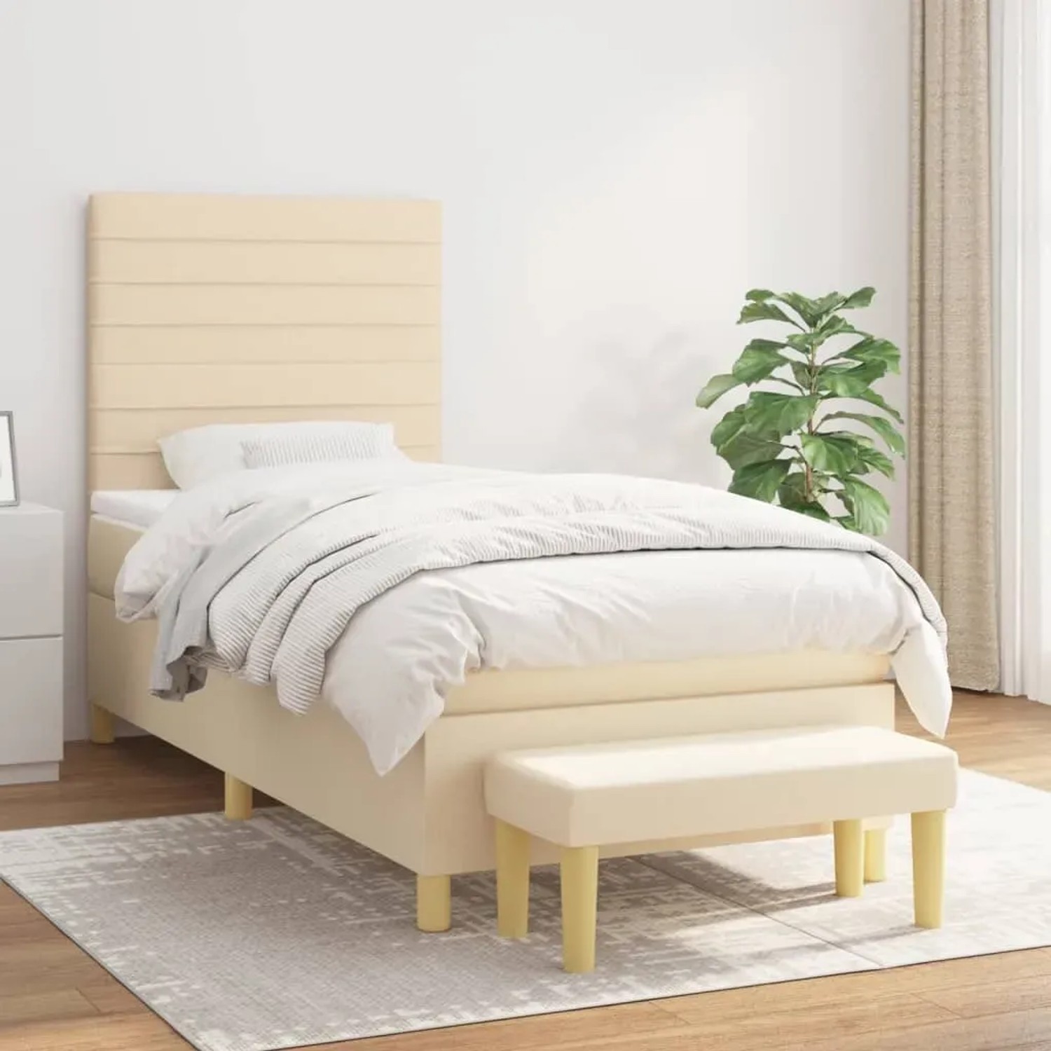 Cremefarbenes vidaXL Boxspringbett (80x200 cm) mit Matratze und Bank, Stoffbezug.