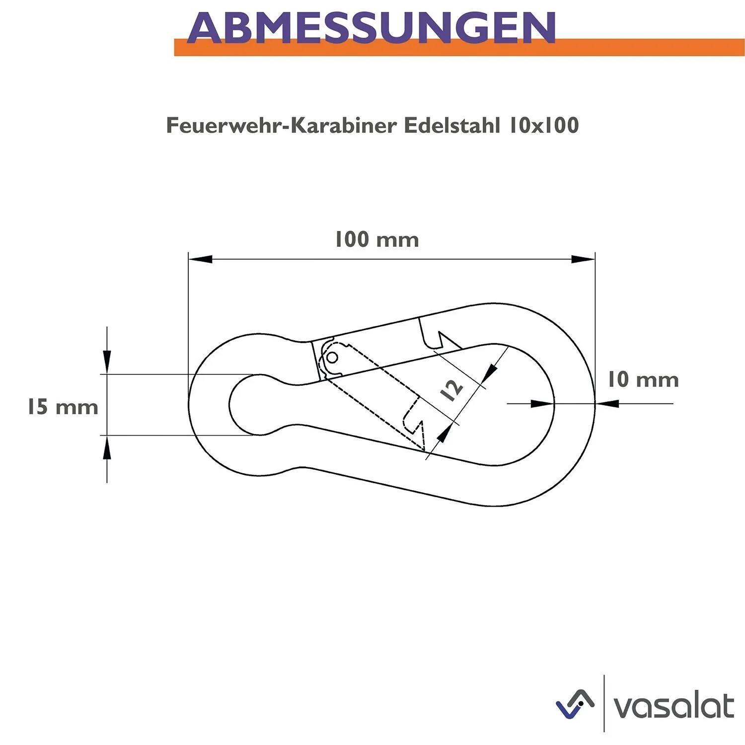 Technische Zeichnung des vasalat Feuerwehrkarabiners aus Edelstahl 10x100 mm mit Maßen: 100 mm Länge, 10 mm Stärke.