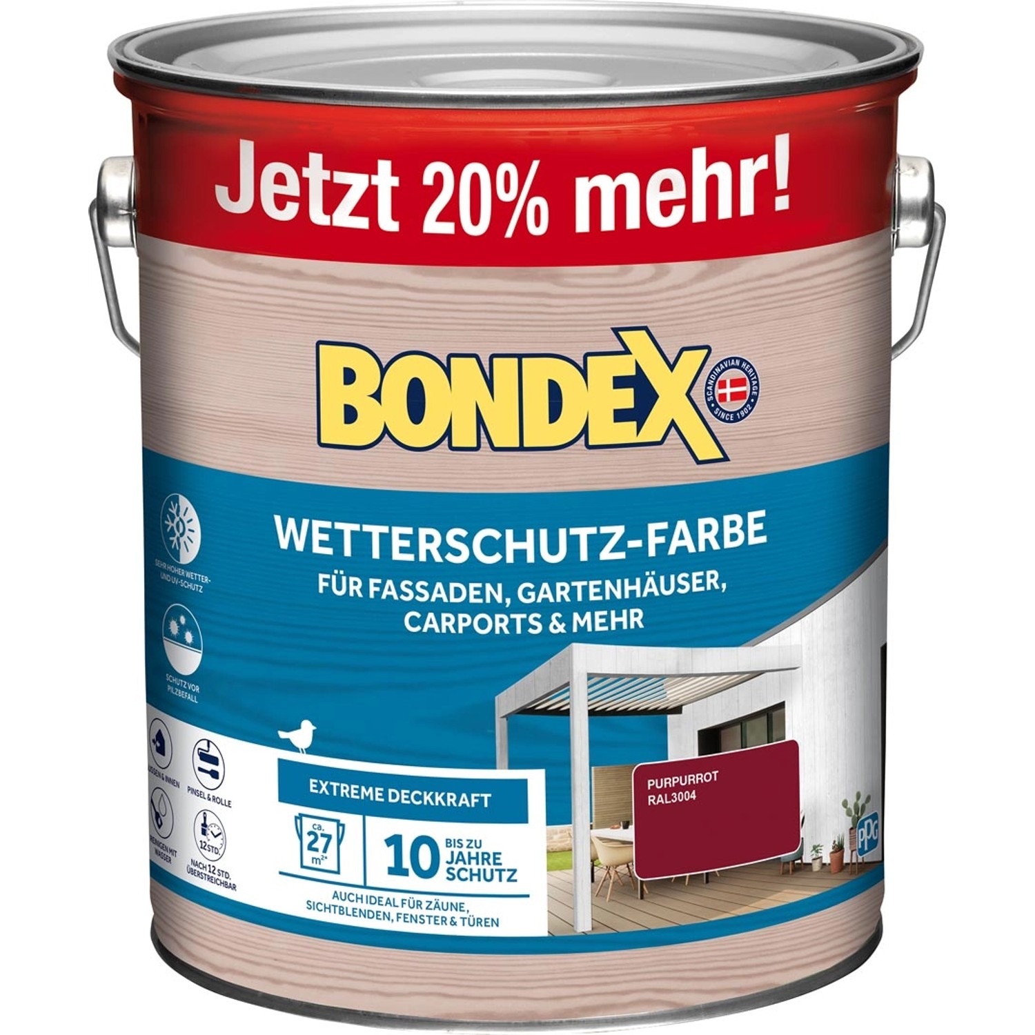 Bondex Wetterschutz-Farbe RAL 3004 Purpurrot - 3 l ausreichend für ca. 27 m²