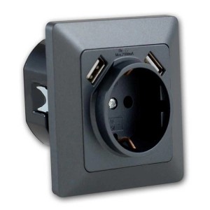 Anthrazitfarbene ChiliTec Steckdose mit 2 USB-Anschlüssen und Rahmen.