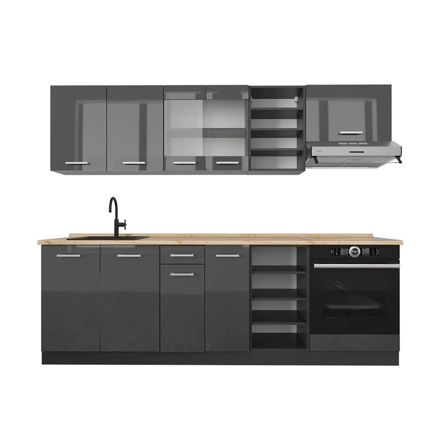 Vicco R-Line Küchenzeile Anthrazit Hochglanz Anthrazit 240 cm AP Eiche ohne E-Geräte