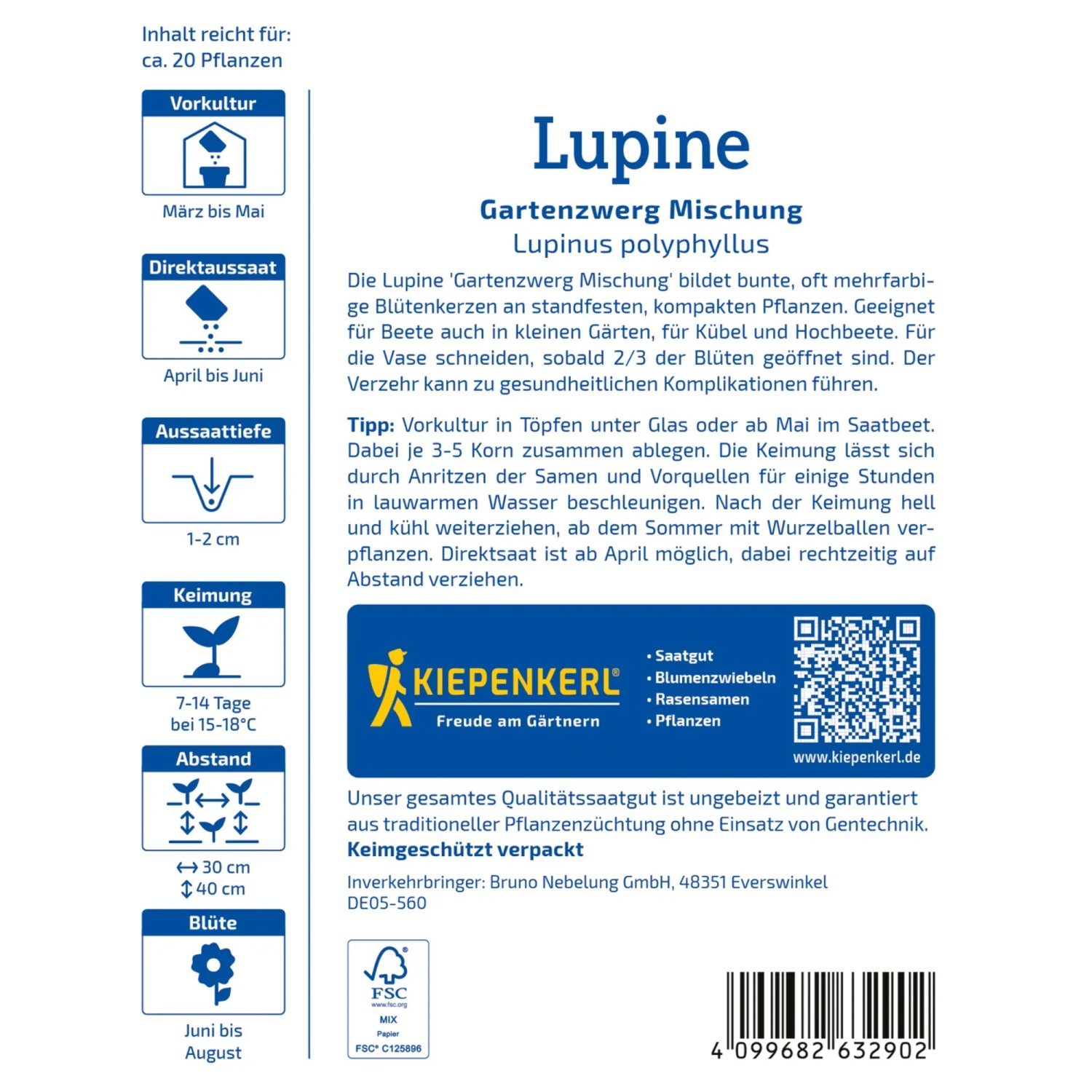 Samentüte Kiepenkerl Lupine Gartenzwerg Mischung, Lupinus polyphyllus für farbenfrohe Blumenbeete.