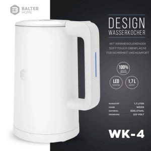 Weißer Balter WK-4 Wasserkocher aus Edelstahl mit Doppelwand-Design und LED-Beleuchtung, 1,7L Kapazität.