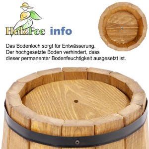 HolzFee Pflanzkübel Rustikal Hell: Detail des Bodens mit Entwässerungsloch. Hochgesetzter Holzboden für optimale Drainage.