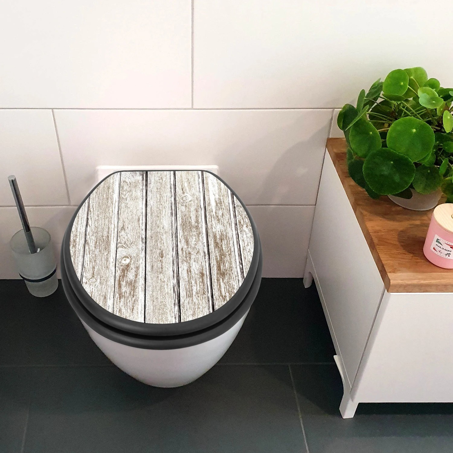 Banjado WC-Sitz Anthrazit mit Absenkautomatik, Motiv Weißes Holz. Toilettendeckel aus MDF.