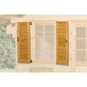 Weka Fensterladen aus Holz, naturbelassen, für Fenster mit 84x113 cm am Gartenhaus.