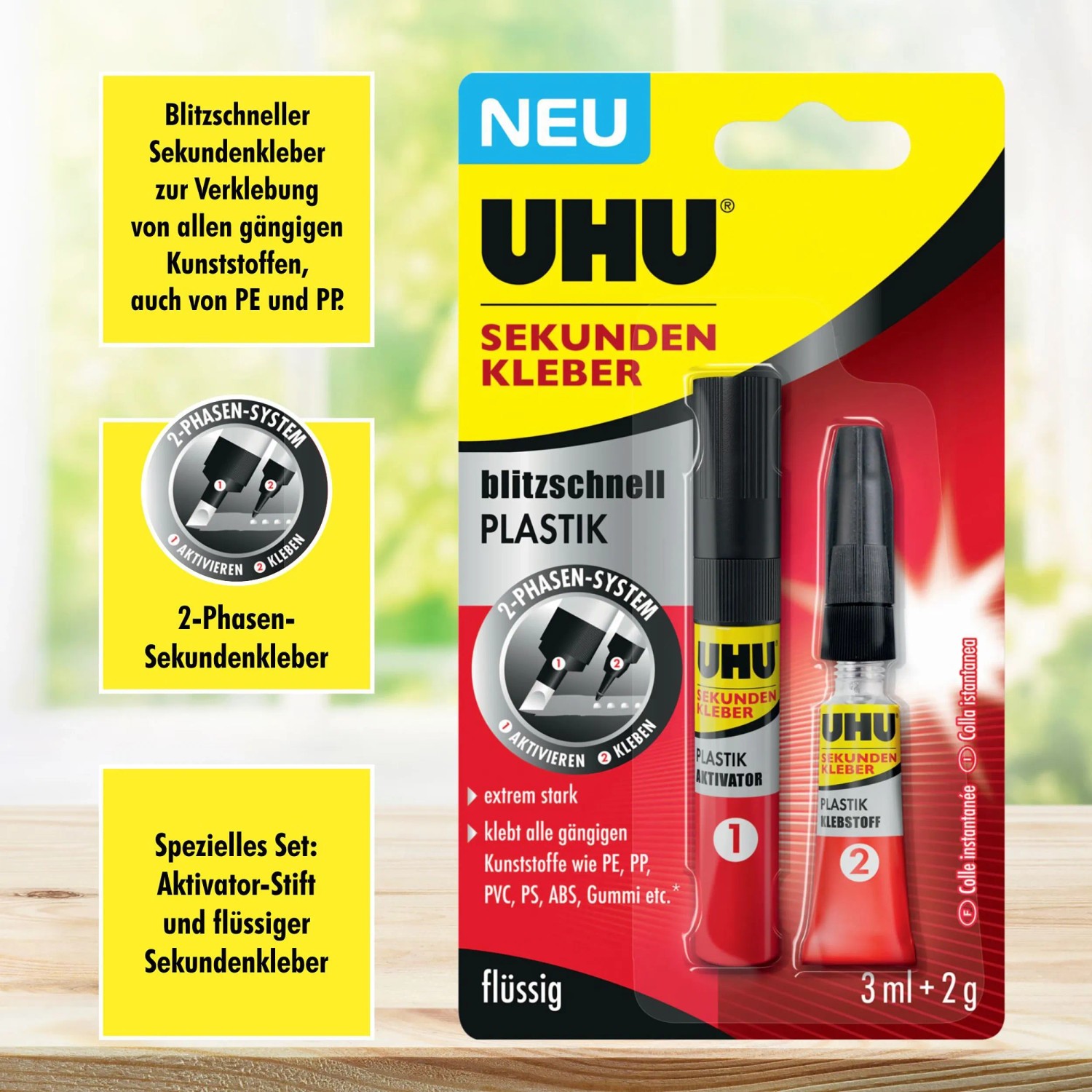 UHU Sekundenkleber Plastik, 2-Phasen-System mit Aktivator-Stift und Klebstoff-Tube.