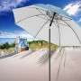 Blauer Doppler Strandschirm Windprofi Neo 200 am Strand mit Strandkorb.