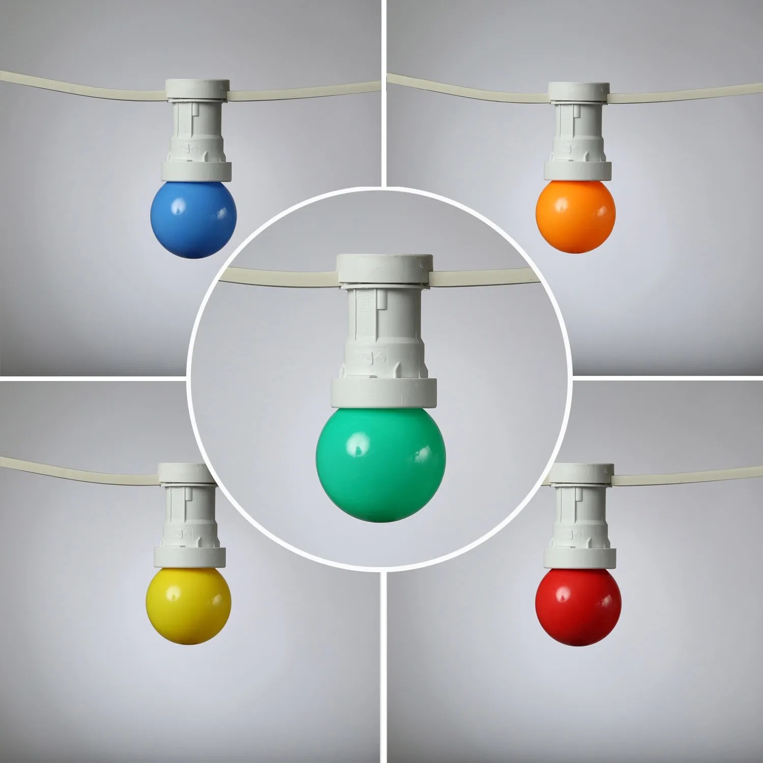 Bunte LED Partylichterkette mit 5 farbigen Kugellampen (rot, gelb, grün, blau, orange) und weißem Kabel für Außen.