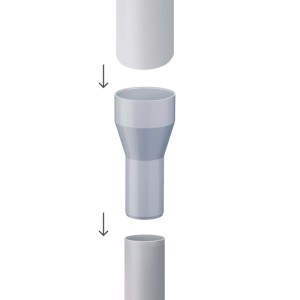 Graues PVC Fallrohr Reduzierstück DN 100/75 für Dachentwässerung. Visualisiert die Verbindung zweier Kunststoffrohre.