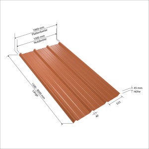 Weckman Trapezblech W45 in Ziegelrot mit Maßangaben für Dachbau.