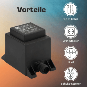 Schwarzer Kerry Electronics Trafo 30W 12V für Elektroinstallation mit 2-Pin-Stecker und IP44 Schutz.