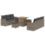 Graues 9-teiliges vidaXL Garten-Sofa-Set aus Poly Rattan mit Tisch und Kissen.