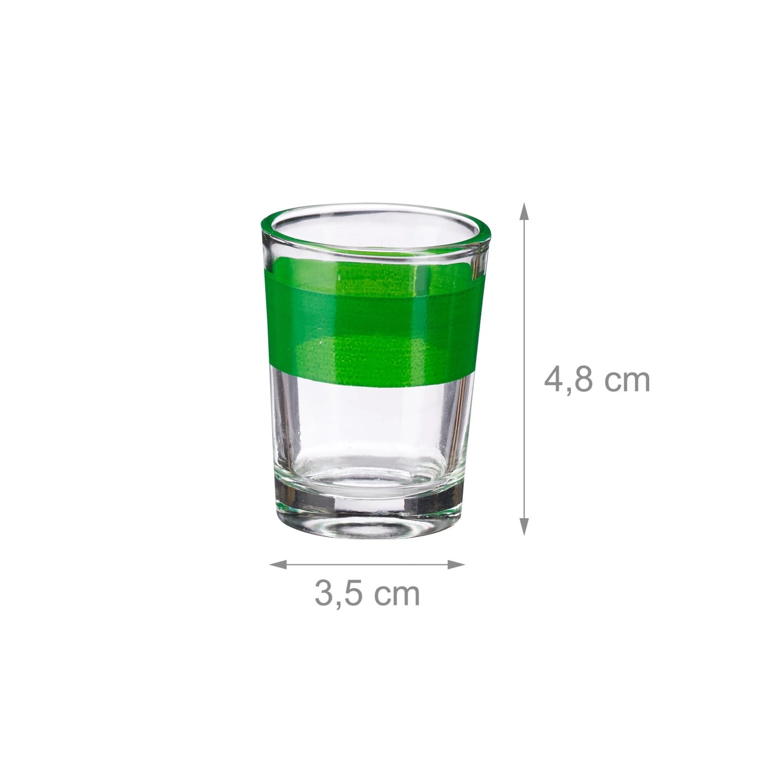 Klares Glas-Shotglas mit grünem Ring, 4,8 cm hoch, 3,5 cm Durchmesser, für Trinkspiel Bingo.