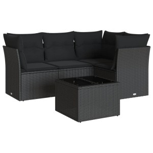 Schwarze 5-tlg. vidaXL Garten-Sofagarnitur aus Poly Rattan mit Kissen und Tisch.