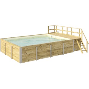 Weka Holzpool mit Sonnendeck, Leiter und Sandfilteranlage. Rechteckiger Pool aus kesseldruckimprägniertem Holz.