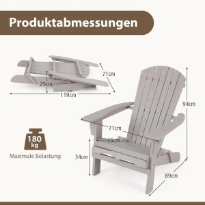 Costway Adirondack Stuhl Klappbar Holz Grau 180 kg Tragfähigkeit