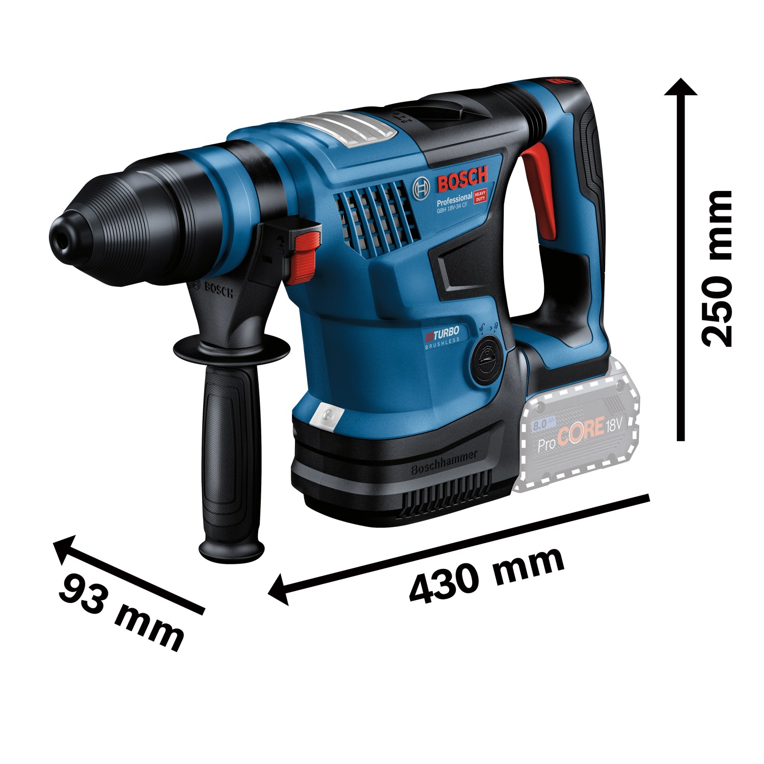 Bosch Professional Akku-Bohrhammer GBH 18V-34 im Koffer, blau/schwarz, mit Zusatzhandgriff und Akku.