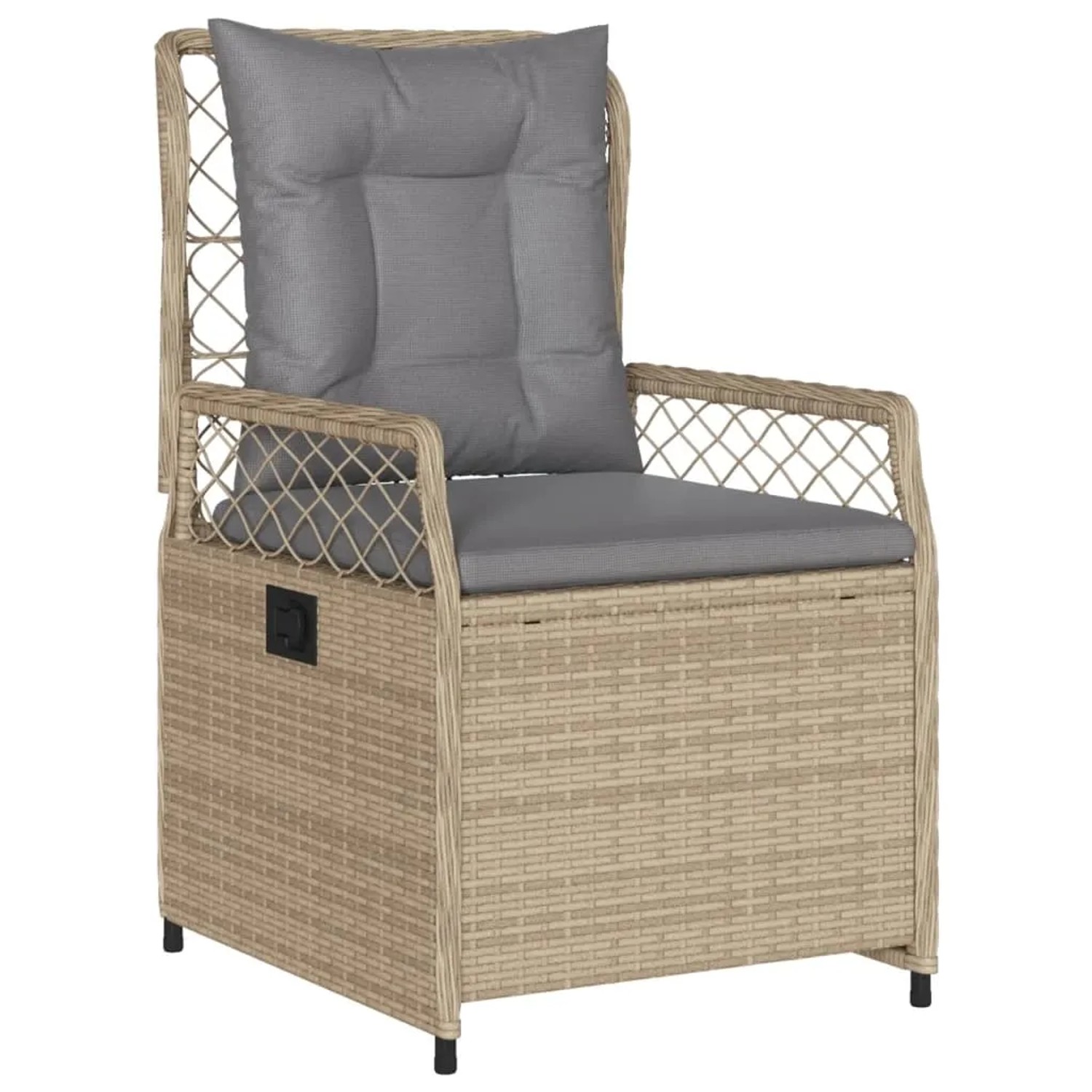 Beiger Gartenstuhl aus Polyrattan mit grauen Kissen, Teil der vidaXL 9-tlg. Essgruppe.