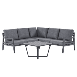 Dunkelgraues Beliani Lounge Set VIZZINI mit Tisch und Ecksofa für den Garten.