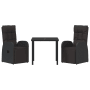 Schwarze 3-tlg. vidaXL Garten Essgruppe aus Poly Rattan mit Tisch und Sesseln mit Kissen.
