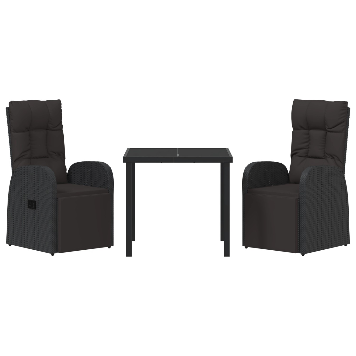 Schwarze 3-tlg. vidaXL Garten Essgruppe aus Poly Rattan mit Tisch und Sesseln mit Kissen.