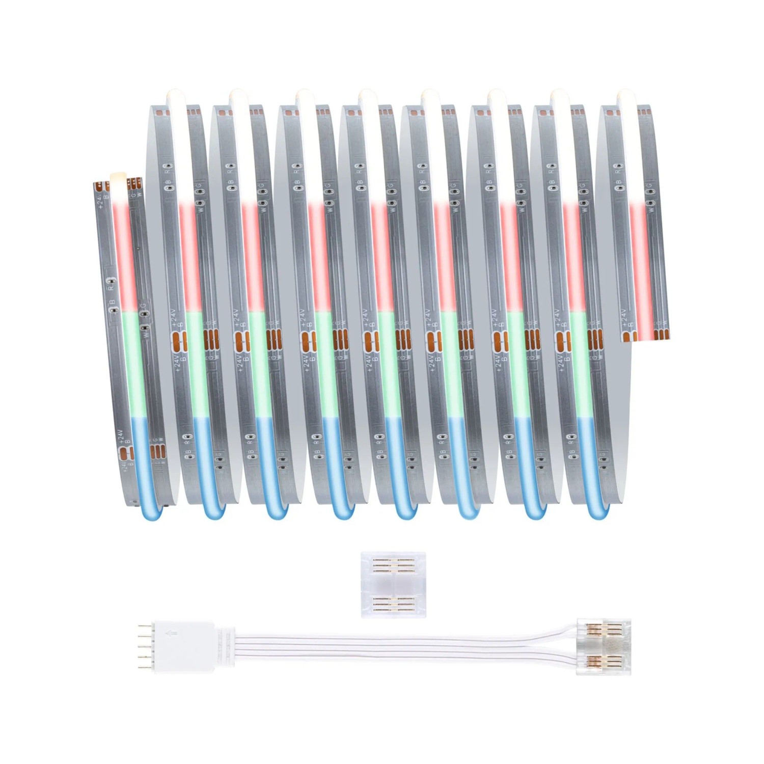 Paulmann LED-Strip-Erweiterung COB MaxLED 1000 RGBW, 2,5 m, mit farbigen Lichtsegmenten und Verbindern.