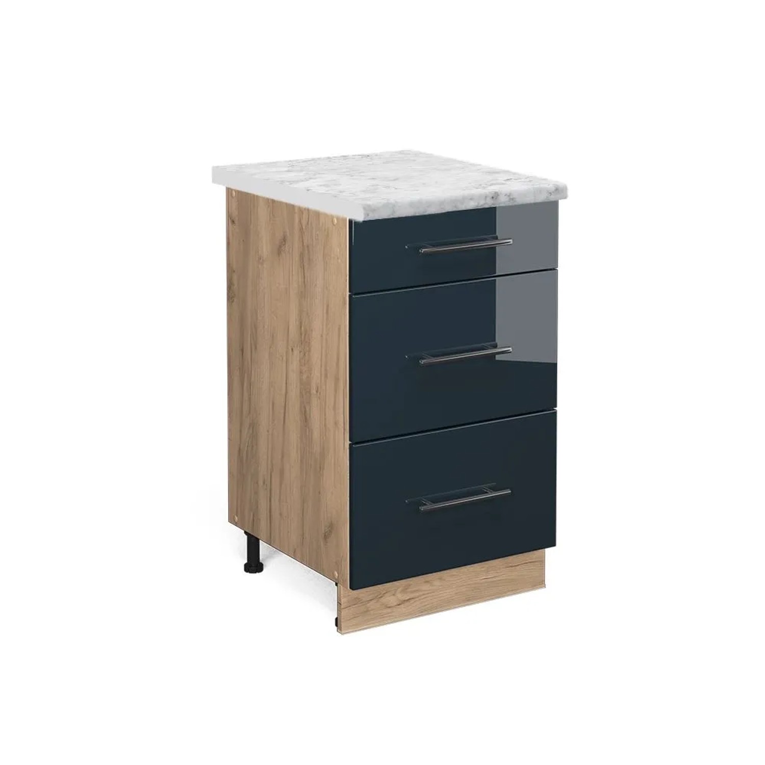 Vicco Küchenunterschrank Fame-Line DunkelBlau Hochglanz Goldkraft Eiche 50 cm AP Marmor