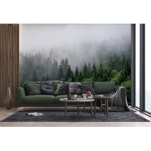 Sanders Fototapete Berglandschaft mit grünen Bäumen, 3,75x2,7m, im Wohnraum.