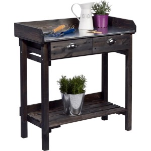 Schwarzer Pflanztisch von Dobar mit 2 Schubladen, verzinkter Arbeitsfläche und Ablage für Gartenzubehör.