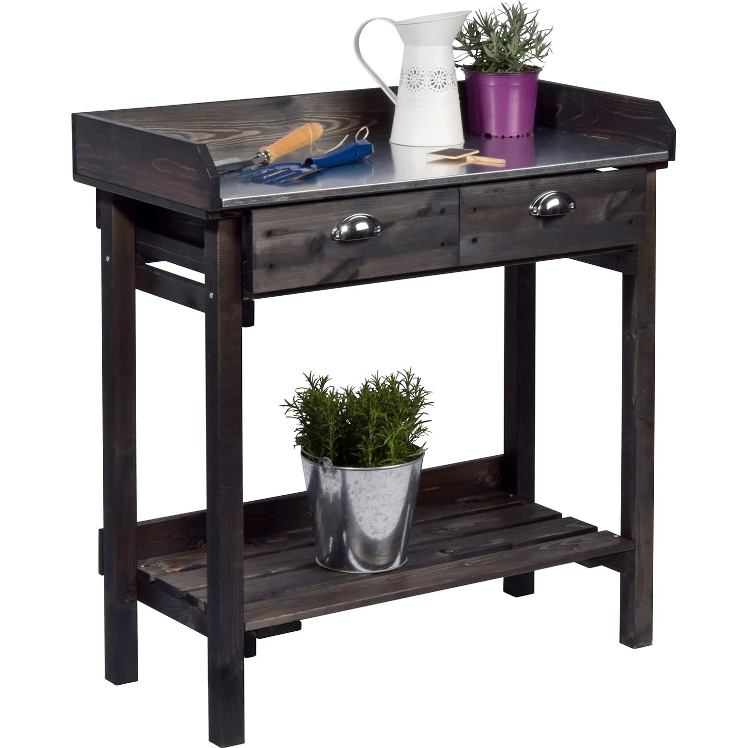 Schwarzer Pflanztisch von Dobar mit 2 Schubladen, verzinkter Arbeitsfläche und Ablage für Gartenzubehör.