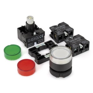 Sintron Drucktaster IN1 mit LED-Leuchtelement in Weiß, Rot und Grün für Schalterprogramme.