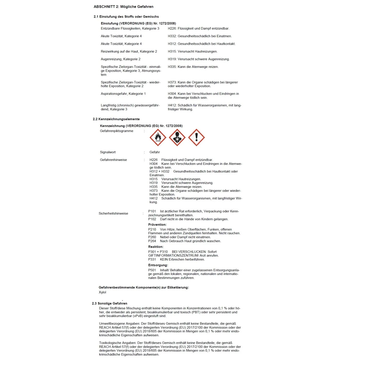 Sicherheitsdatenblatt mit Gefahrenhinweisen und Sicherheitshinweisen.