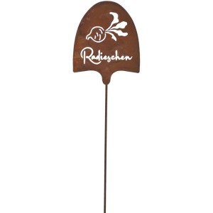 Rostfarbener Gartenstab Radieschen, 52cm, aus Eisen, mit weißer Radieschen-Grafik. Gartendekoration.