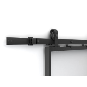 Schwarzes Schiebetür-Laufschienensystem aus Aluminium mit Rolle und Türrahmen. Industrial-Design.
